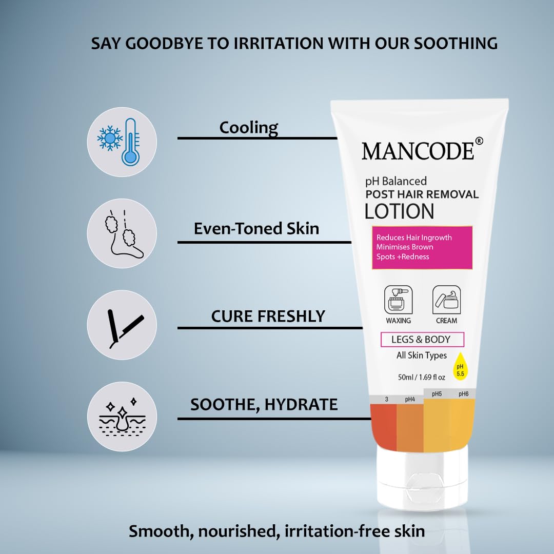Mancode PH Balanced Post Hair Removal Lotion for Women & Men - 50ml | Reduces Ingrown Hairs, Minimises Brown Spots & Redness | Ideal After Waxing & Hair Removal Cream | Suitable for All Skin Types