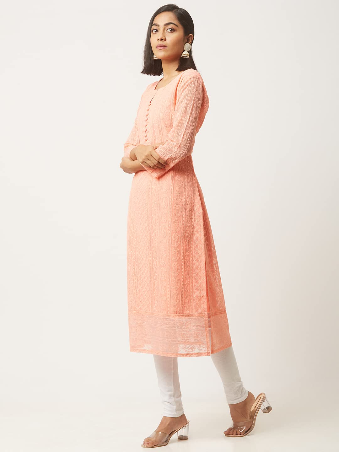 ZOLA Exclusive Georgette Round Neck with Full Sleeves and Calf Length Luckhnowi Chikan Kari Kurta with Button Placket on Yolk Ethnic Wear Straight Kurta for Women Pack of 1