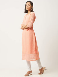 ZOLA Exclusive Georgette Round Neck with Full Sleeves and Calf Length Luckhnowi Chikan Kari Kurta with Button Placket on Yolk Ethnic Wear Straight Kurta for Women Pack of 1