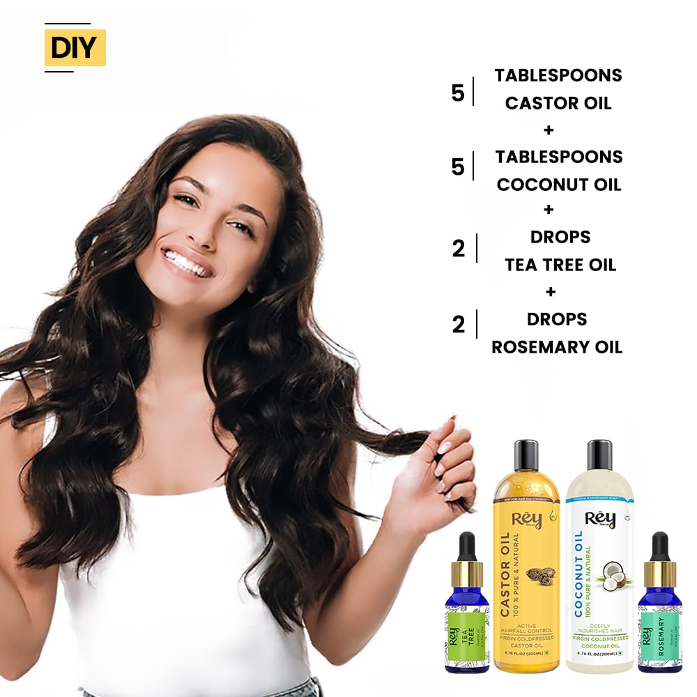 Rey Naturals hair oils combo/hair care kit (Castor oil + Coconut oil + Tea tree oil + Rosemary oil) controls hairfall - For healthy hair - No Mineral Oil, Silicones & Synthetic Fragrance