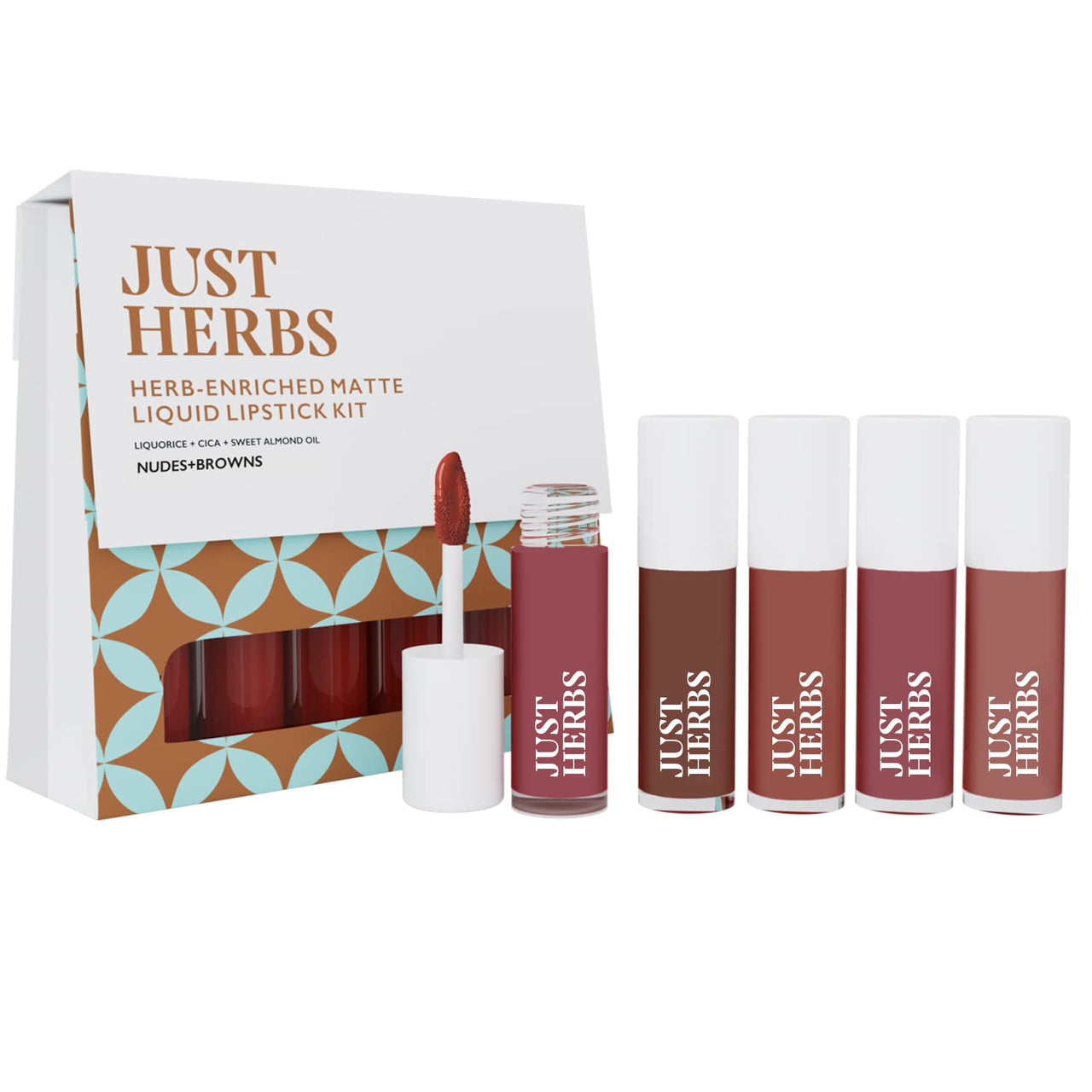 Just Herbs Ayurvedic Liquid Lipstick Kit Set of 5 with Hydrating & Lightweight Lip Colours (Nudes & Browns) & Just Herbs Ayurvedic Creamy Matte Lipstick Set38gm (Pack of 16)