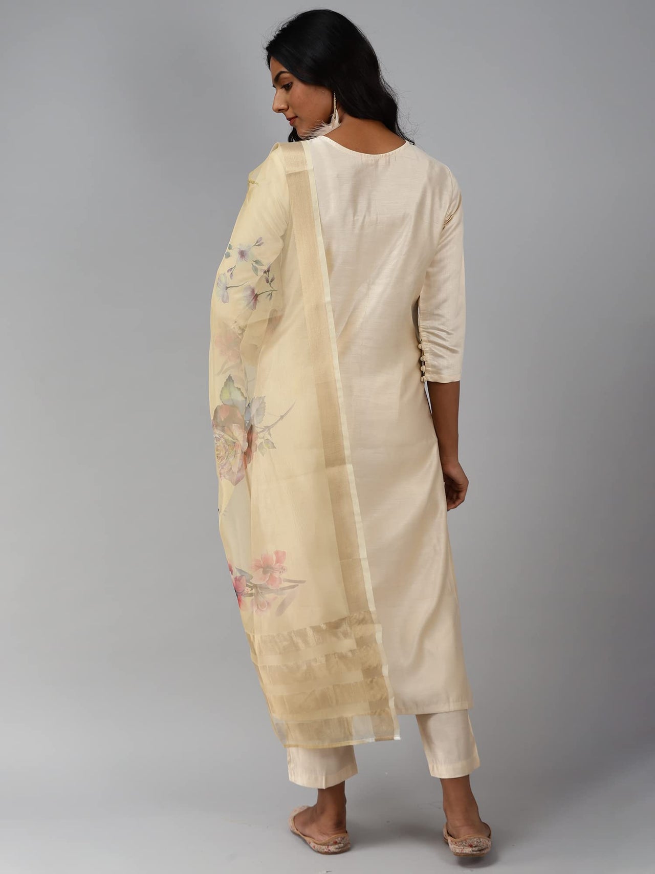 INDO ERA Women's  Cream Solid Viscose Straight Kurta Trouser With Dupatta Set