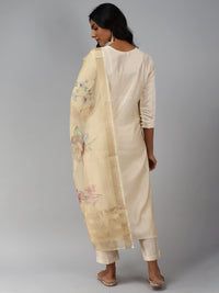 INDO ERA Women's  Cream Solid Viscose Straight Kurta Trouser With Dupatta Set