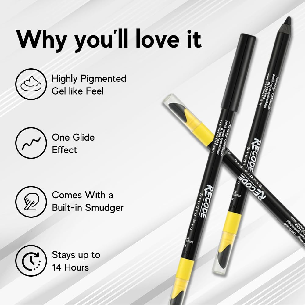 recode Turning Heads Crayon Gel Matte Eyeliner Pencil Cum Kajal Pencil Comes With Smudger On Other Side, Longlasting, Water-Proof & Smudge-Proof Formula, Black, 1.2Gm