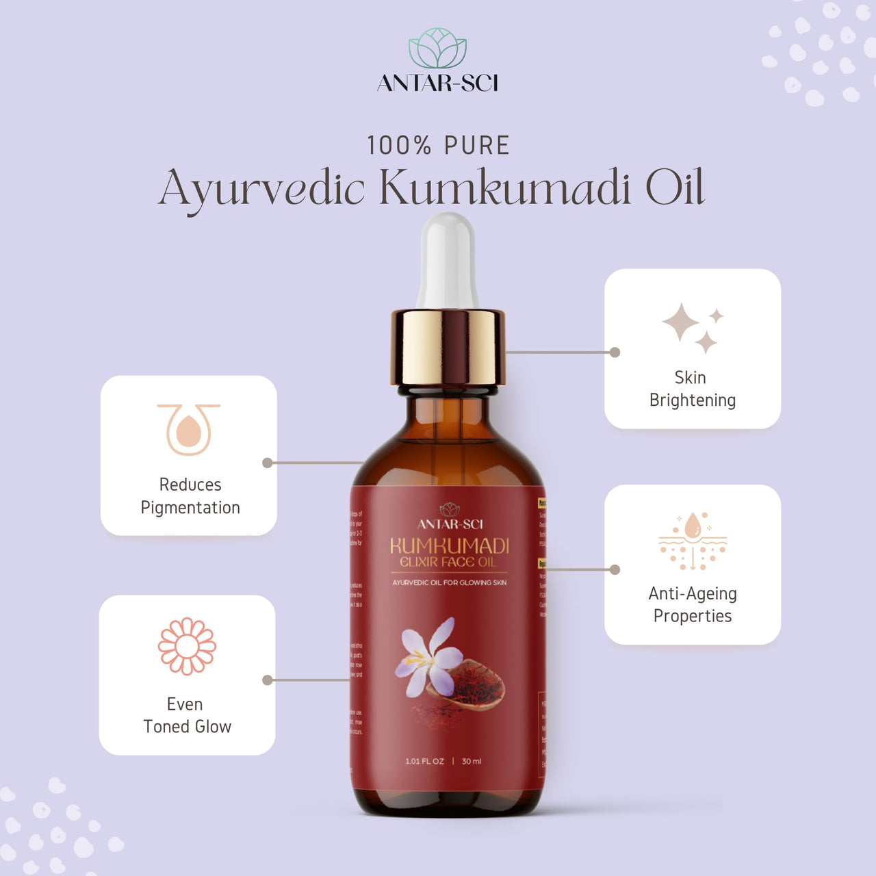 Antar-Sci Ayurvedic Kumkumadi Gold Oil For Glowing Skin|100% Pure & Ayurvedic|Luxurious Formula Made With Saffron, Manjistha, Sandalwood And 9 Powerful Herbs |Reduces Fine Lines & Skin Repair|30 Ml