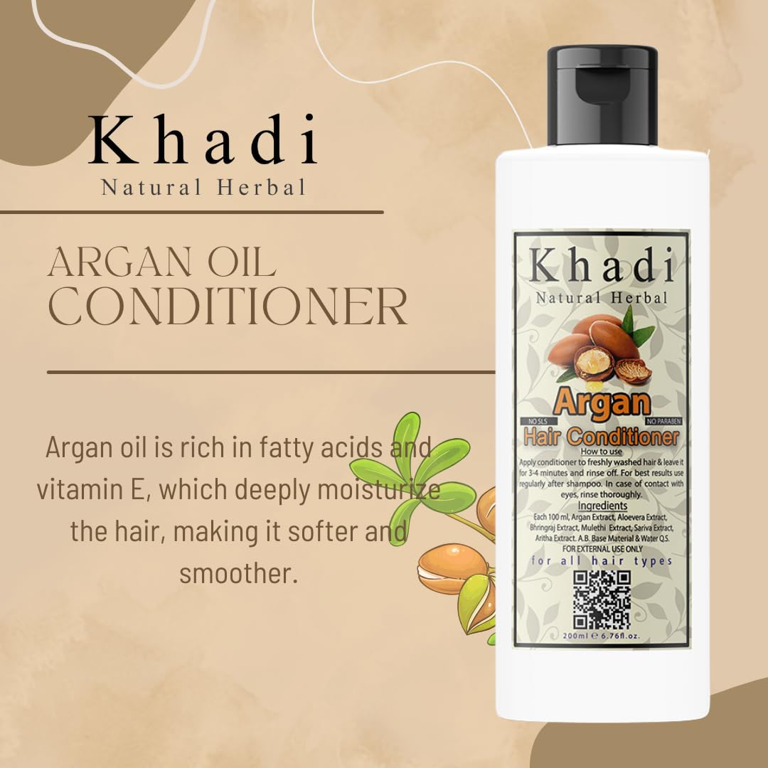 Khadi Natural Herbal Argan Shampoo And Conditioner Combo || Nourish Strengthen And Boost Hair Growth Thickness Enriched With Moroccan Organic Argan Oil Extract 200ml Each