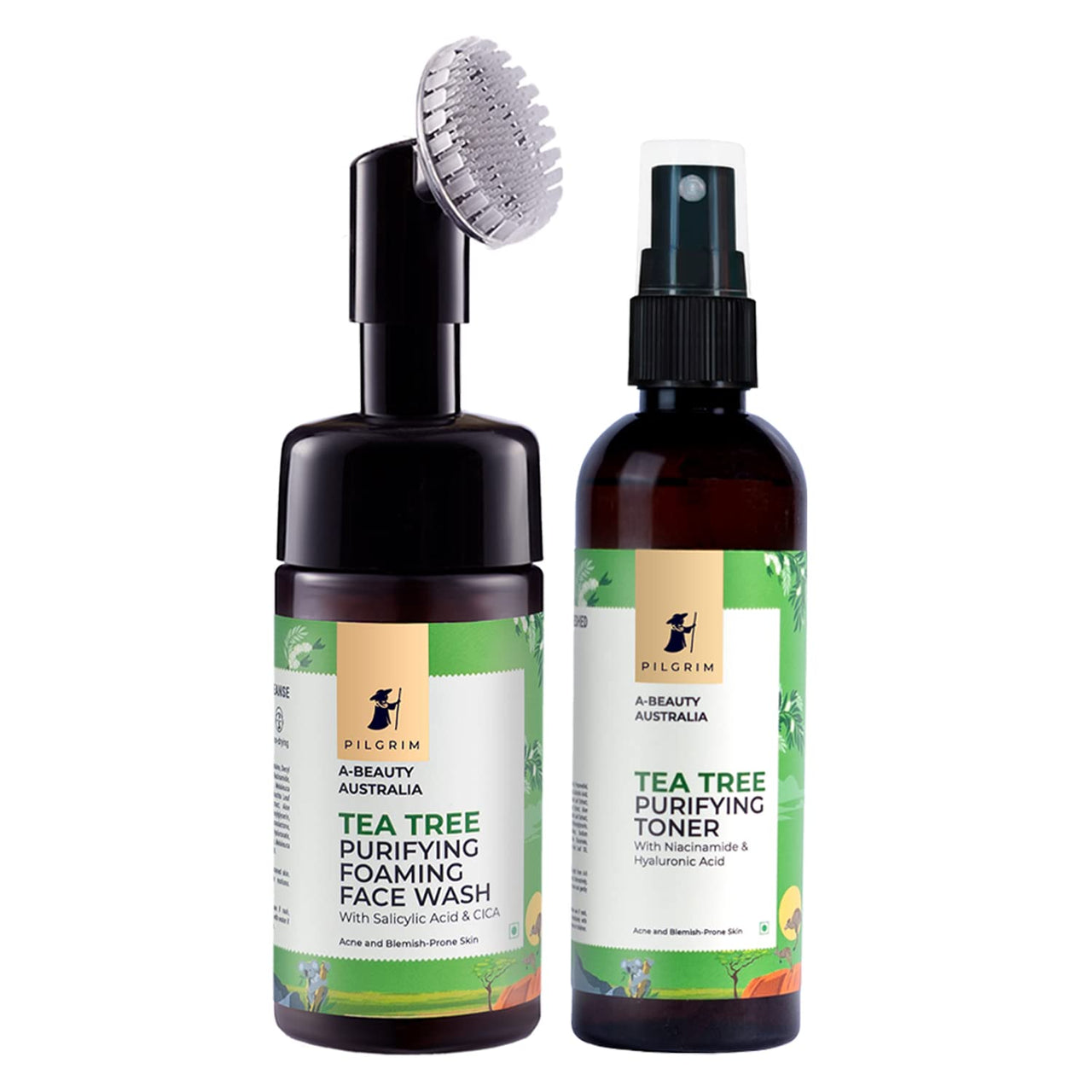 Pilgrim Tea Tree Clear Skin Combo | Tea Tree & 1% Salicylic acid Foaming Face wash with brush 120ml, Tea Tree & 2% Niacinamide toner 100ml | For Deep Cleanse & Tighten Pores | for Women & Men
