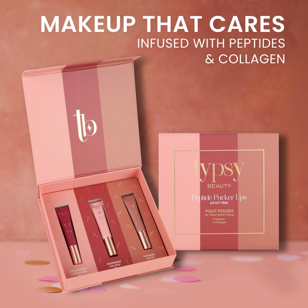 Typsy Beauty Pout & Polish Lip Balm Kit Trio | Hydrating with Peptides & Collagen | Deep Moisture with Cooling Metal Applicator | Strawberry Cheesecake, Raspberry & Caramel Toffee | 8ml