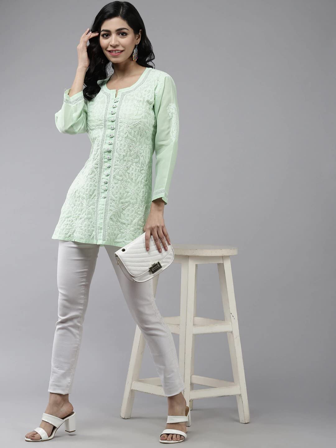 Ada Women's  Hand Embroidered Lucknowi Chikankari Cotton Straight Short Top Kurti A178625