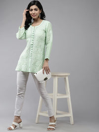 Ada Women's  Hand Embroidered Lucknowi Chikankari Cotton Straight Short Top Kurti A178625