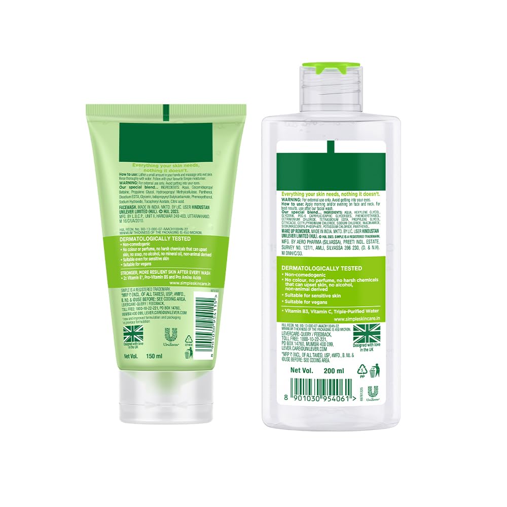 Simple Kind To Skin Refreshing Facial Wash 150 Ml & Micellar Cleansing Water| Makeup Remover For all Skin Types| 200 ml