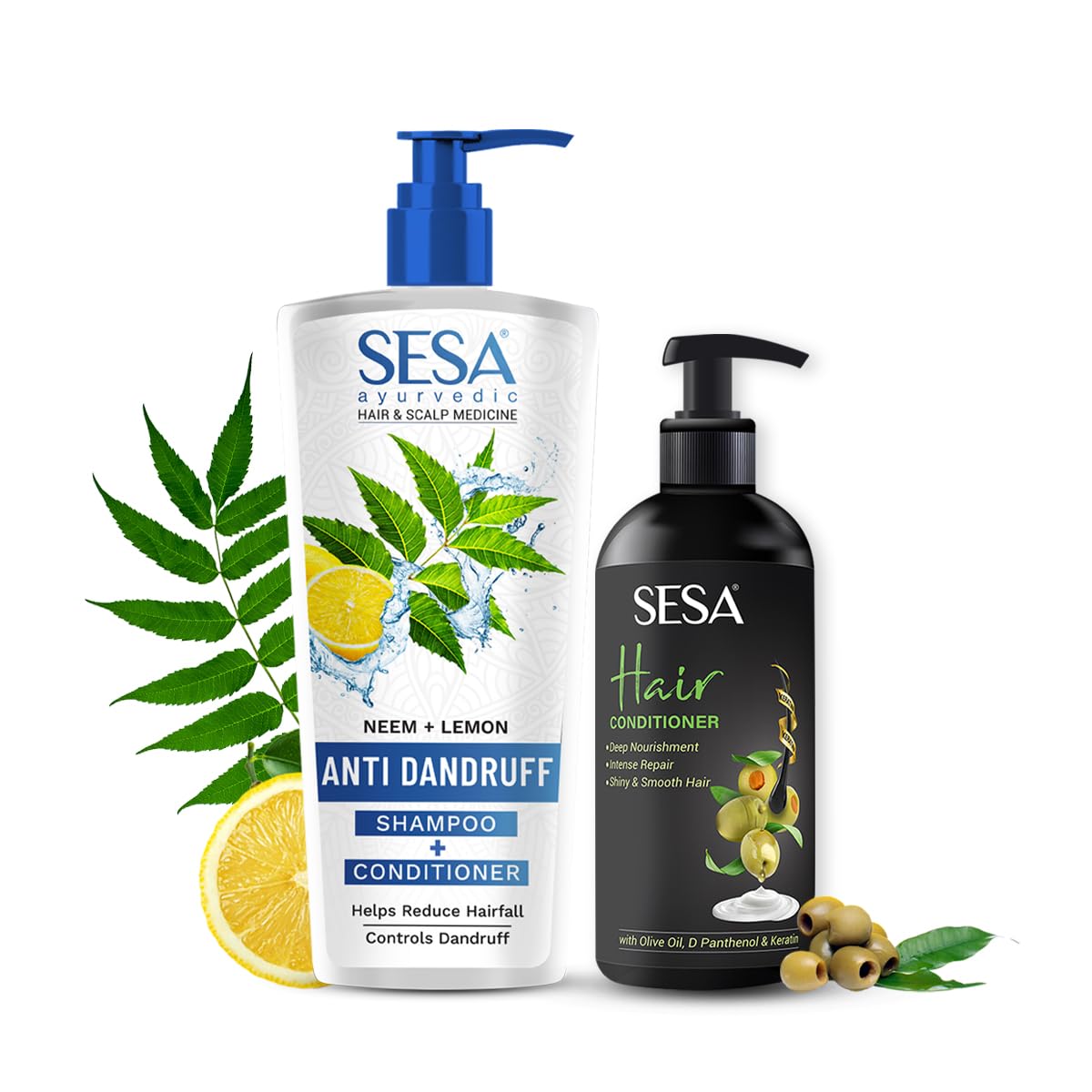 Sesa Anti Dandruff Shampoo and Conditioner Combo Hairfall Control Anti Dandruff Shampoo Infused with 17 Ayurvedic Herbs Smooth & Shiny Hair For Men & Women 500 ml + 300ml