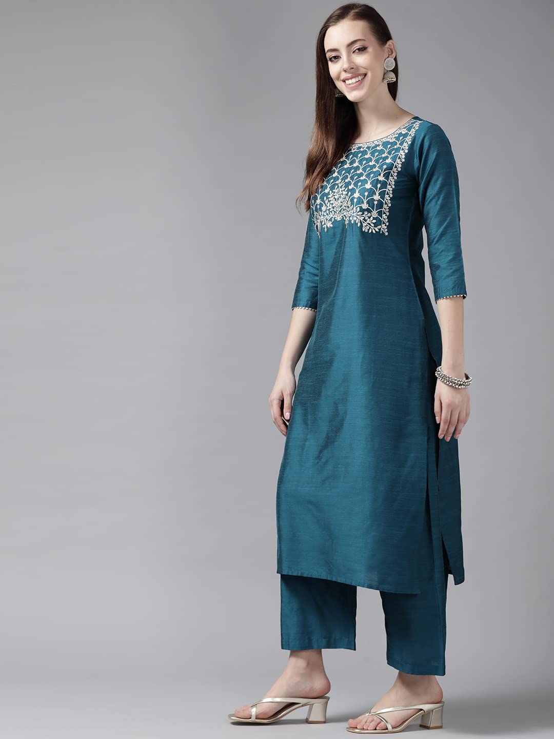 INDO ERA Women's  Silk Blend Embroidered Straight Kurta Palazzo with Dupatta Set (Teal_KH9TL9240_XS to 2XL-Size)