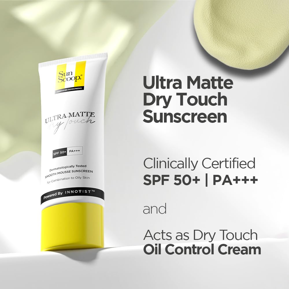 SunScoop Ultra Matte Dry Touch Sunscreen SPF 50 PA+++ |Matte Finish | Zinc Oxide & 0.1%ww Salicylic Acid for Oily Acne Prone Skin | Broad Spectrum, Non Comedogenic & No White Cast|For Women & Men-45gm