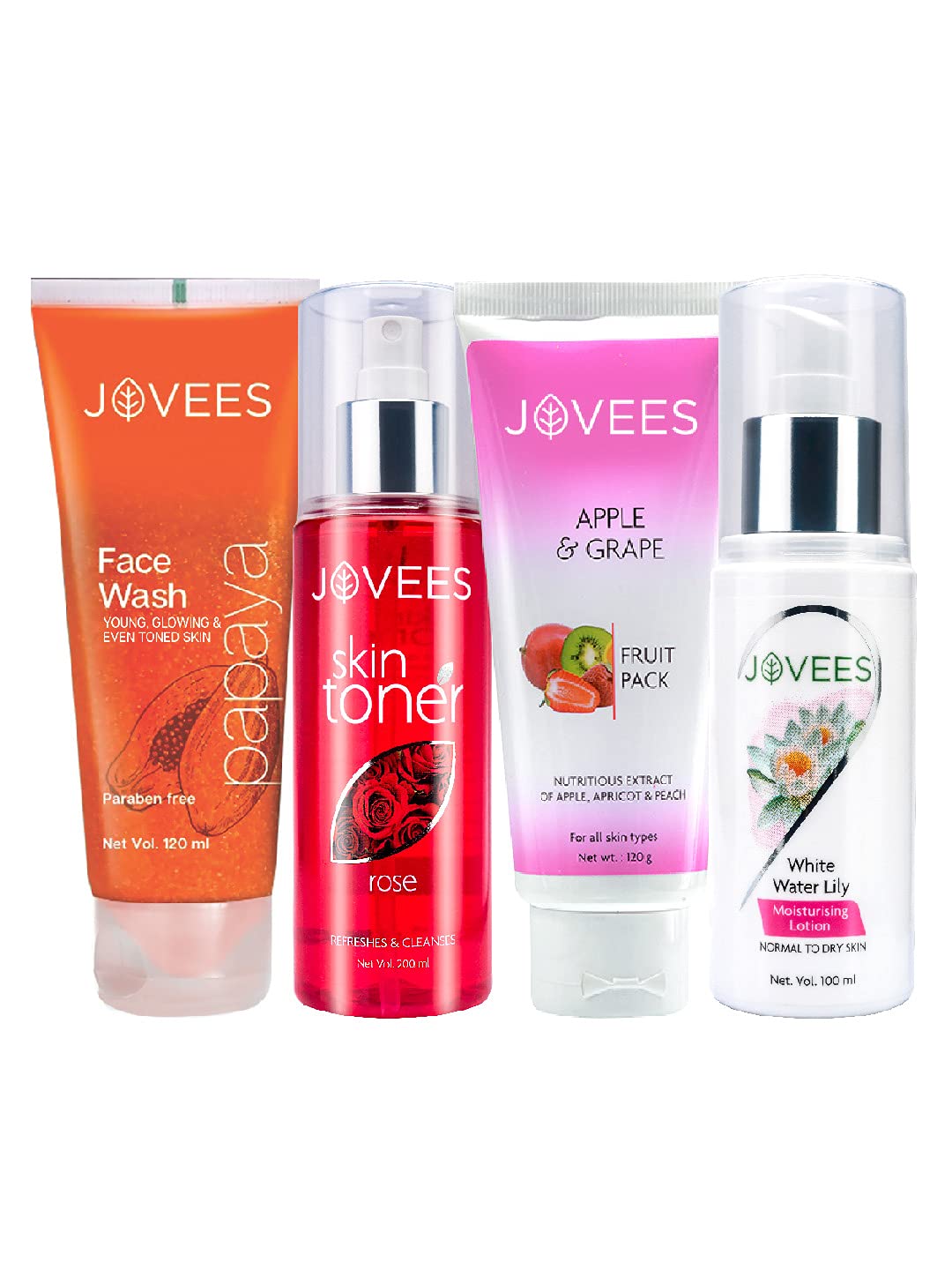 Jovees Herbal Papaya Facewash 120 ML, Rose Skin Toner 100 ML, Apple & Grape Fruit Pack 400 g, White Water Lily Moisturising Lotion 100 ML For Skin Care Combo (Set of 4)