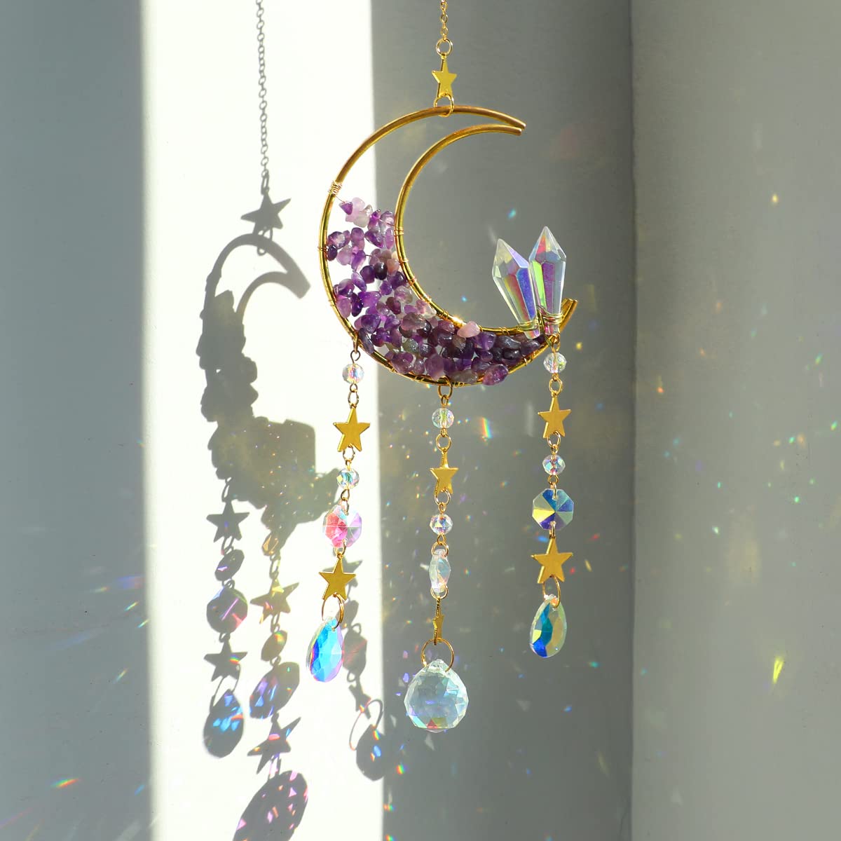 Healing Crystals Suncatcher- Moon Suncatchers Amethyst Crystal Dream Catcher Wind Chimes Crystal Ball Rainbow Maker Prisms Sun Catchers Indoor Window Car Charm Garden Outdoor Decor Mom Moon Amethyst Crystal
