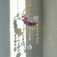 Healing Crystals Suncatcher- Moon Suncatchers Amethyst Crystal Dream Catcher Wind Chimes Crystal Ball Rainbow Maker Prisms Sun Catchers Indoor Window Car Charm Garden Outdoor Decor Mom Moon Amethyst Crystal