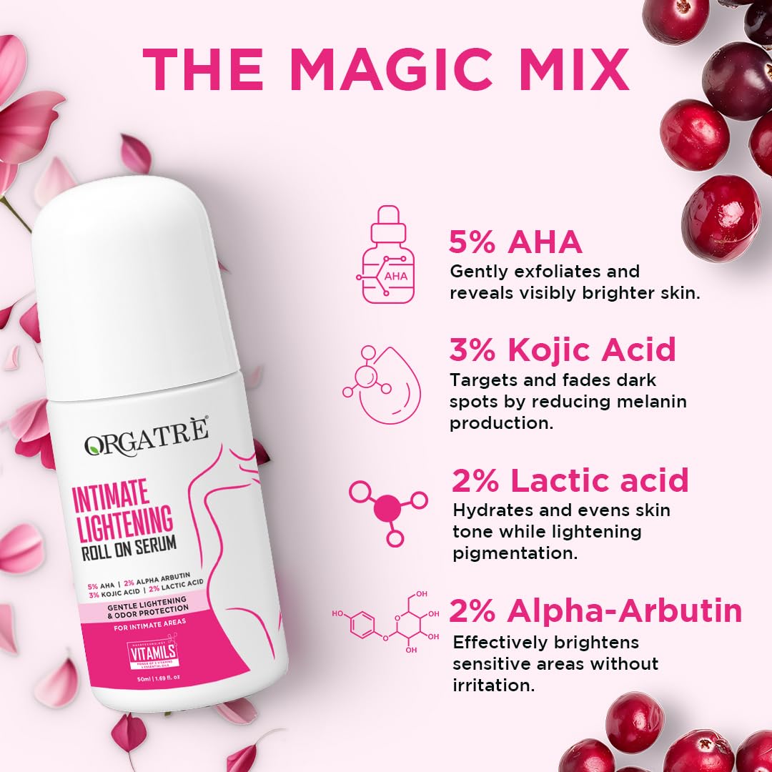 Orgatre Intimate Area Lightening Brightening Roll On Serum for Dark Areas With 5% AHA 50ml