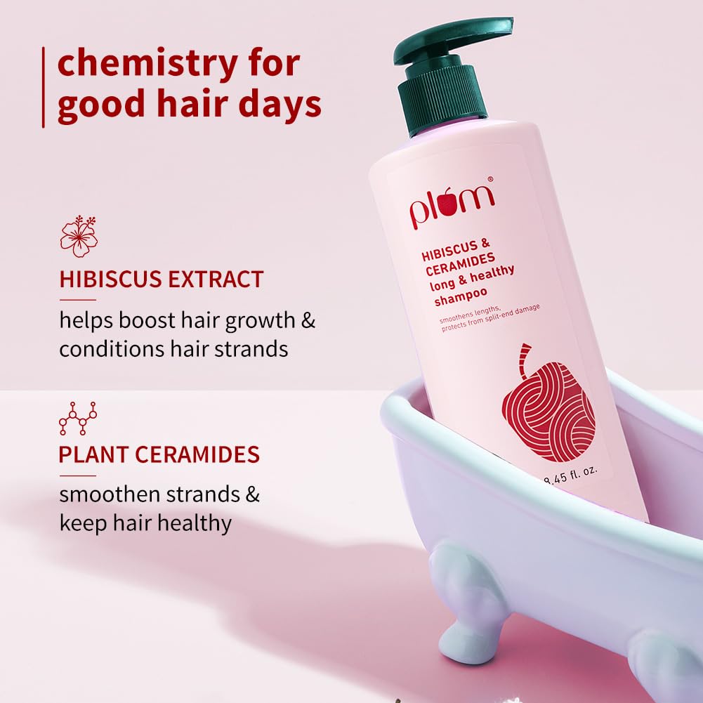 Plum Hibiscus & Ceramides Long & Healthy Shampoo | Hydrates & Conditions Hair, Prevents Split Ends |Contains Hibiscus Extracts, Ceramides | SLS & Paraben Free| 100% Vegan | 250ml