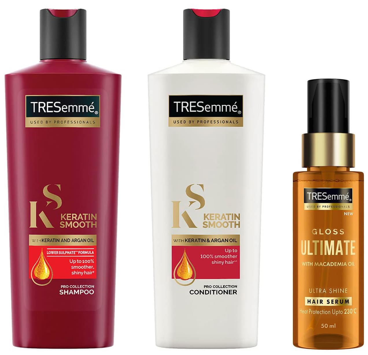 TRESemme Gloss Ultimate Ultra Shine Hair Serum 50ml with Macadamia Oil & Tresemme Keratin Smooth, Conditioner, 190ml, for Smoother, Shinier Hair, with Keratin & Tresemme Keratin Smooth, Shampoo, 185ml, for Straighter, Shinier Hair, with Keratin & Argan Oi