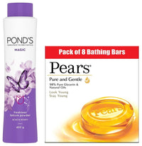 Pears Pure And Gentle Bathing Bar, 125g (Pack Of 8) & POND'S Magic Freshness Talcum Powder, Acacia Honey, 400 g