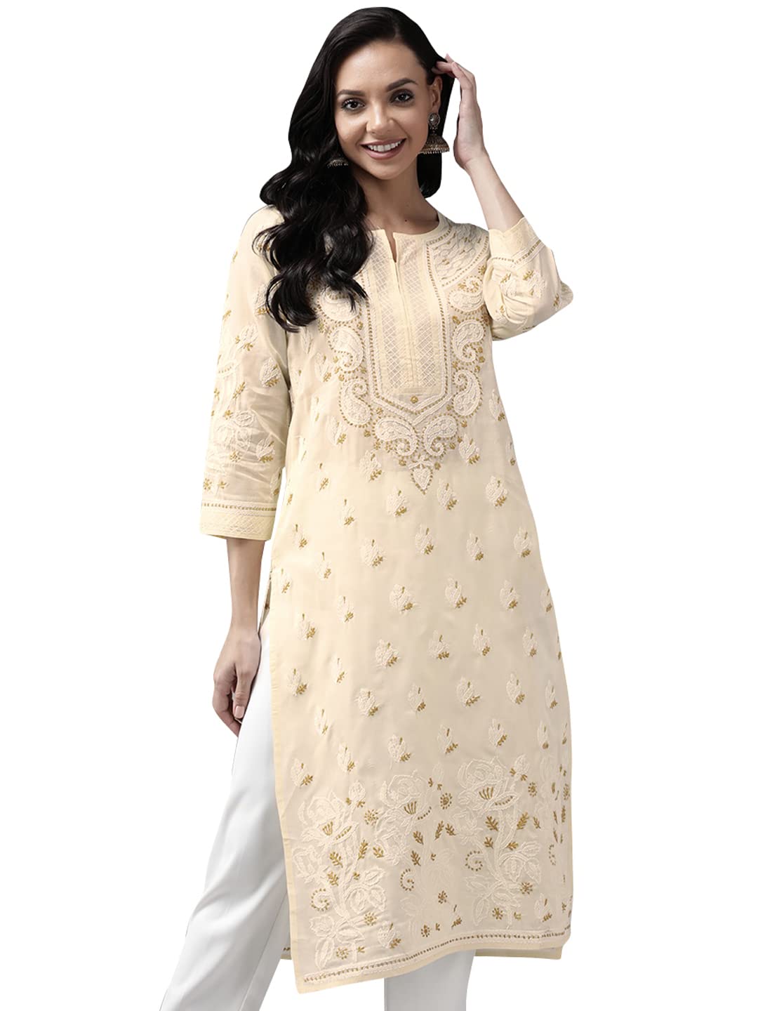Ada Hand Embroidered Lucknowi Chikankari Straight Cotton Kurti Kurta for Women A220999 White 2XL