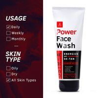 Ustraa Power Face Wash - 200g - Energize and De-Tan | Dermatologicallyl Tested | Effective Tan Removal | Removes Dead Skin, Brightens Skin, Refresh & Recharge, NO SLS, No Paraben