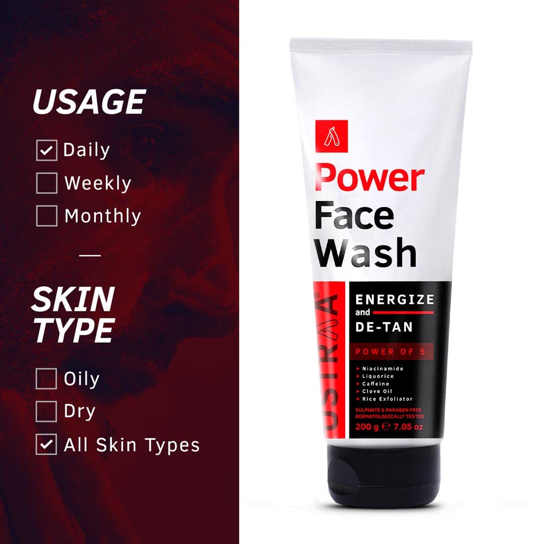 Ustraa Power Face Wash - 200g - (Pack of 2) - Energize and De-Tan | Dermatologicallyl Tested | Effective Tan Removal | Removes Dead Skin, Brightens Skin, Refresh & Recharge, NO SLS, No Paraben