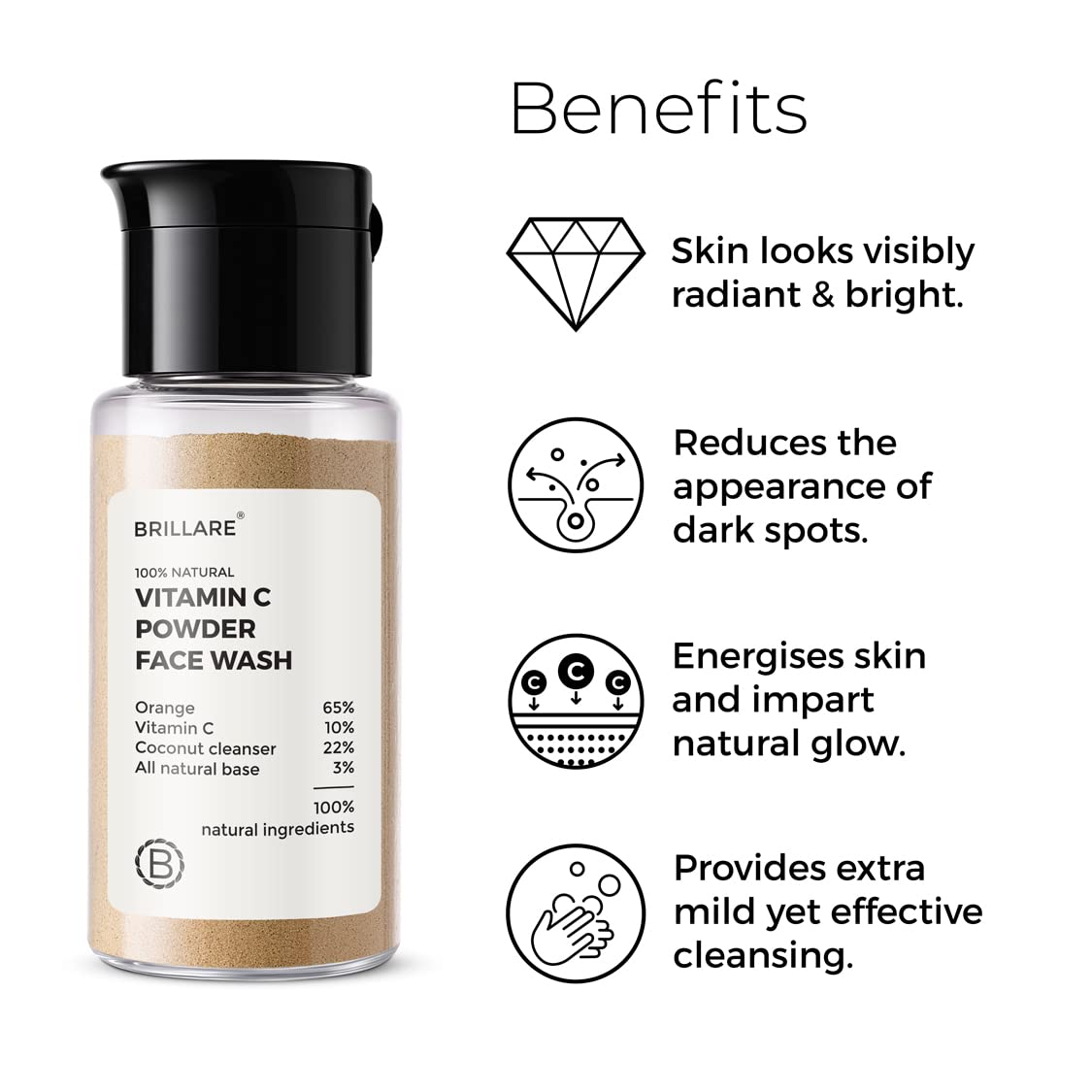 Brillare Vitamin C Face Wash for Pigmentation & Dark Spots, Coconut & Orange Face Wash for Skin Brightening, 100% Natural Powder Facewash, 15g