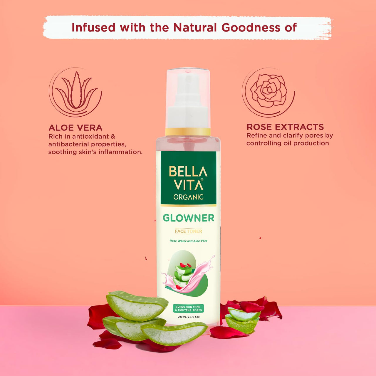 Bella Vita Organic Glowner Face Toner Face Mist, Alcohol free, Rose Water 100ml & Bella Vita Organic Vitamin C - 100 ml
