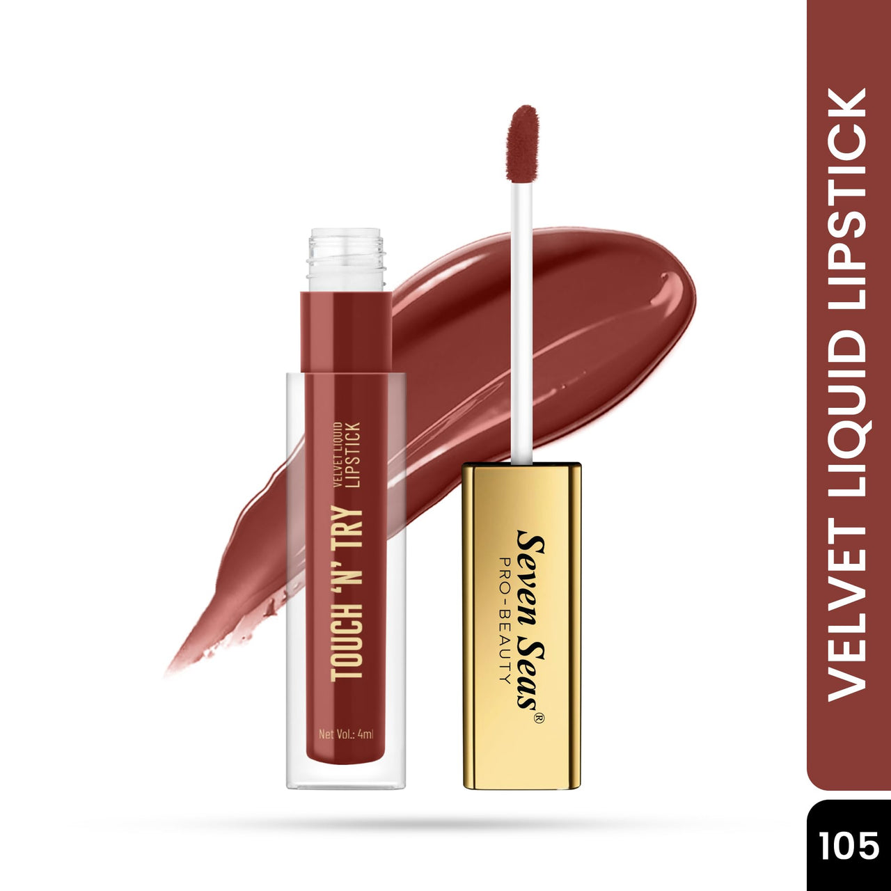 Seven Seas Touch N Try Velvet Liquid Lipstick | Matte Finish | One Swipe Application | Non Transfer | Water Proof | Liquid Lipstick for Women | Long Lasting Stay Up to 8 Hours (05, 4ML)