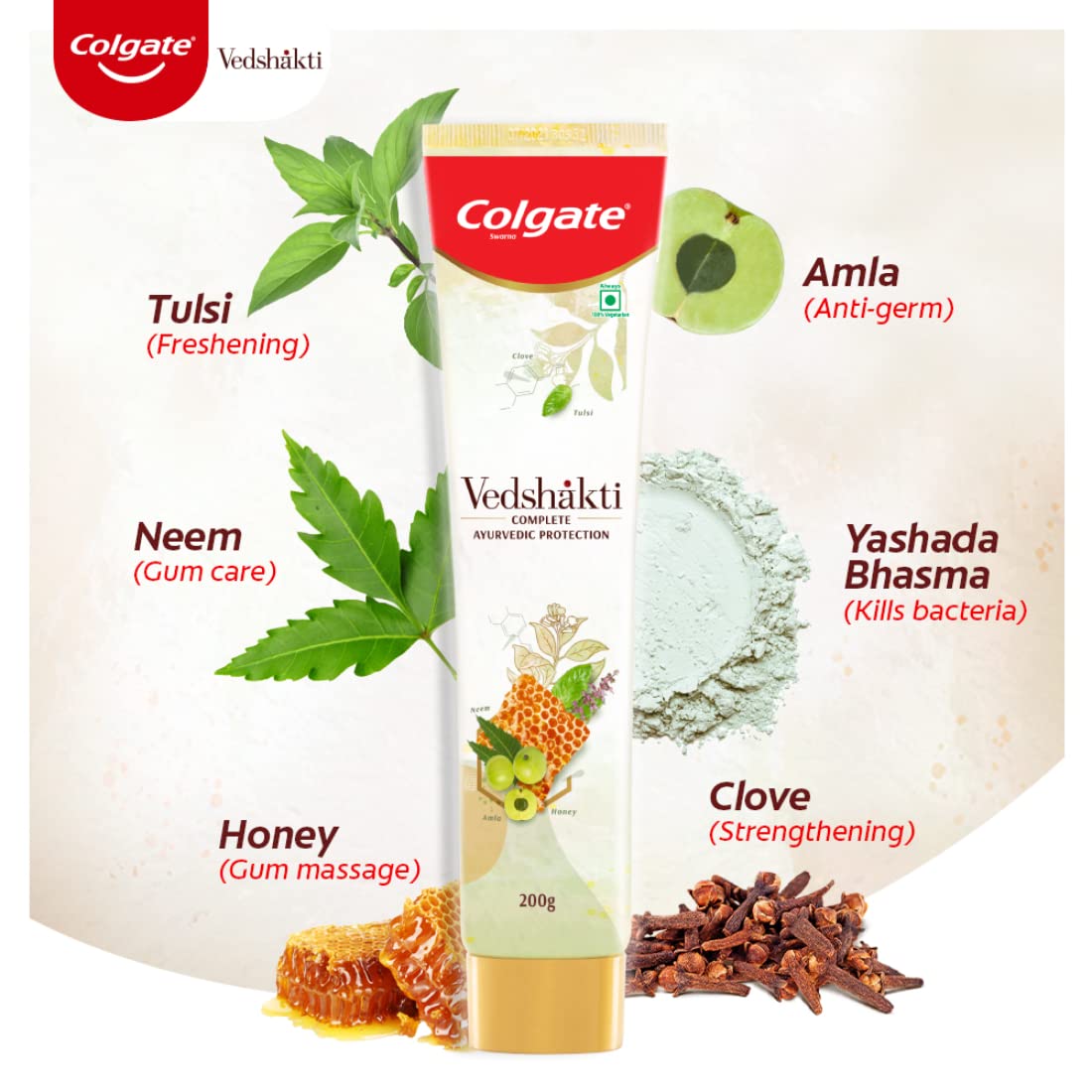 Colgate Vedshakti Toothpaste, Anti-Bacterial Tooth Paste for Whole Mouth Health and Fresh Breath, With Neem, Clove, and Honey, 400g, 200g X 2 (Combo Pack Offer)