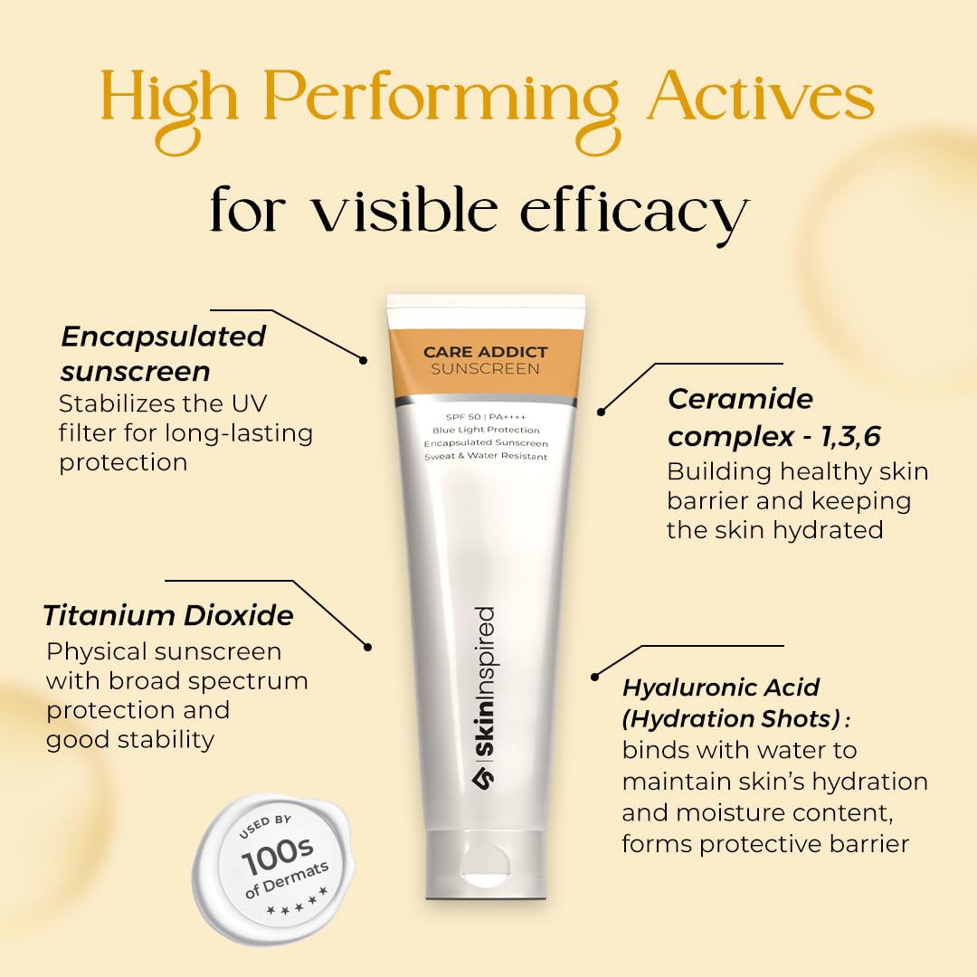 Care Addict Encapsulated Sunscreen SPF 50 For Dry Skin With Pa++++ | Broad Spectrum UV A, UV B & Blue Light Protection | Contains Ceramides & Hyaluronic Acid | No White Cast | For All Skin Type | 50G