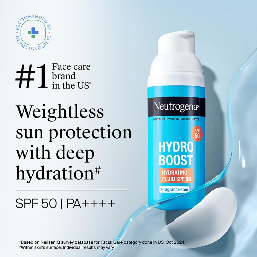 Neutrogena Hydro Boost Face Sunscreen SPF50+ PA++++ | Hyaluronic Acid & Niacinamide | UVA, UVB and Long UVA protection | Oily & Sensitive Skin | Non Greasy & No White Cast | Hydrating Fluid | 50ml