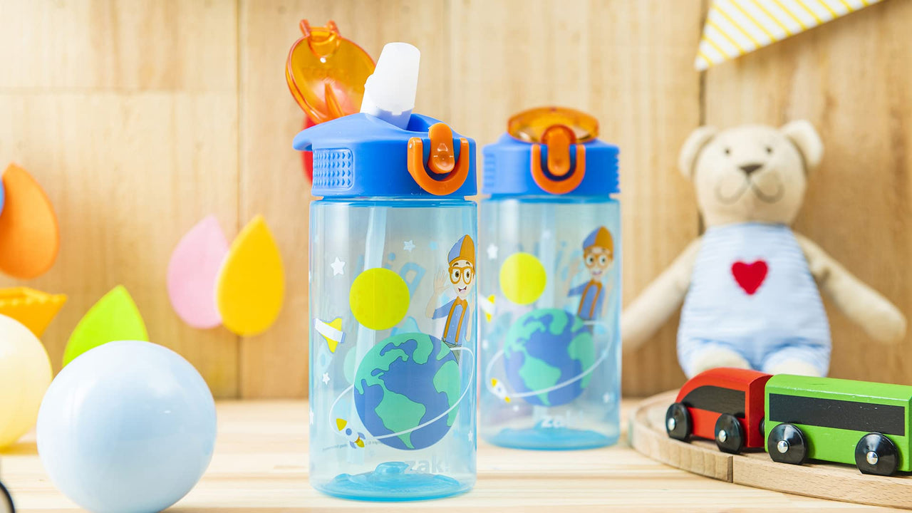 Zak Designs Blippi Kids Water Bottle with Spout Cover and Built-In Carrying Loop, Made of Durable Plastic, Leak-Proof Design for Travel (16 oz, Pack of 2) 2 Count (Pack of 1) Blippi 2pk