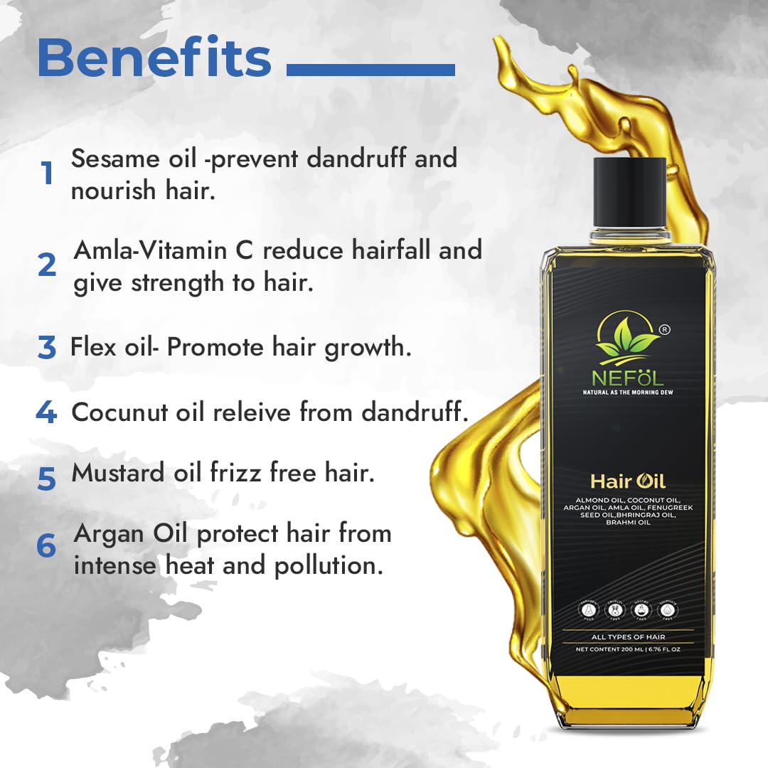 Nefol Hair Oil with Sesame, Amla, Flaxseed, Coconut, Mustard & Argan Oils - Prevents Dandruff, Strengthens Hair, Promotes Growth (For Women & Men) - 200ml