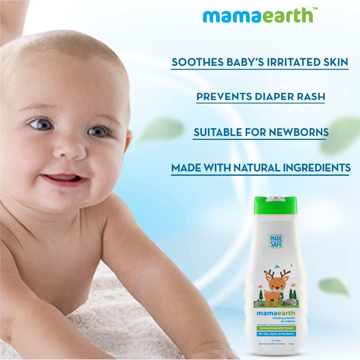 Mamaearth Dusting Power For Babies - 300 g | Infused with Organic Oatmeal and Arrowroot Powder | Calms and Relaxes Skin, Prevents Diaper Rash, Dermatologically Tested, Free From Talc and Parabens