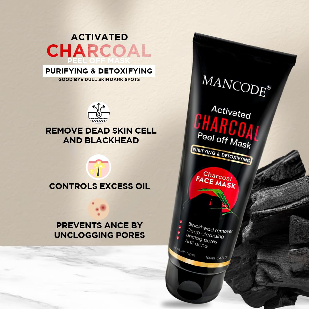 Mancode Activated Charcoal Face Wash & Charcoal Peel-Off Mask Combo for Men | Deep Cleansing, Oil Control & Detox | Minimizes Pores & Boosts Radiance | 100ml Each| Pack of 2
