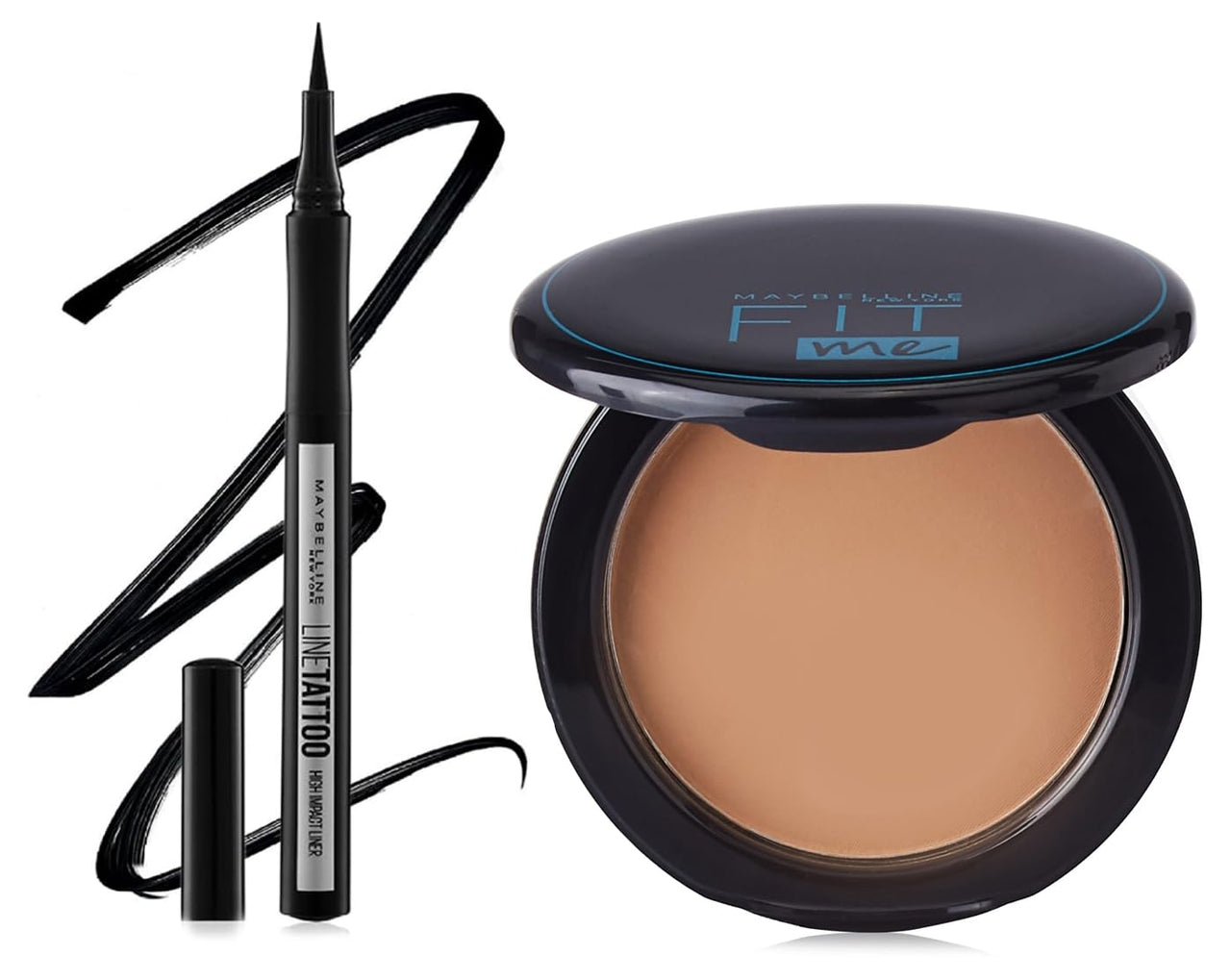Maybelline New York Eyeliner, Intense Eyeliner, Black & Maybelline New York Compact Powder, With SPF to Protect Skin from Sun, Absorbs Oil, Fit Me, 20 Natural Beige, 6g