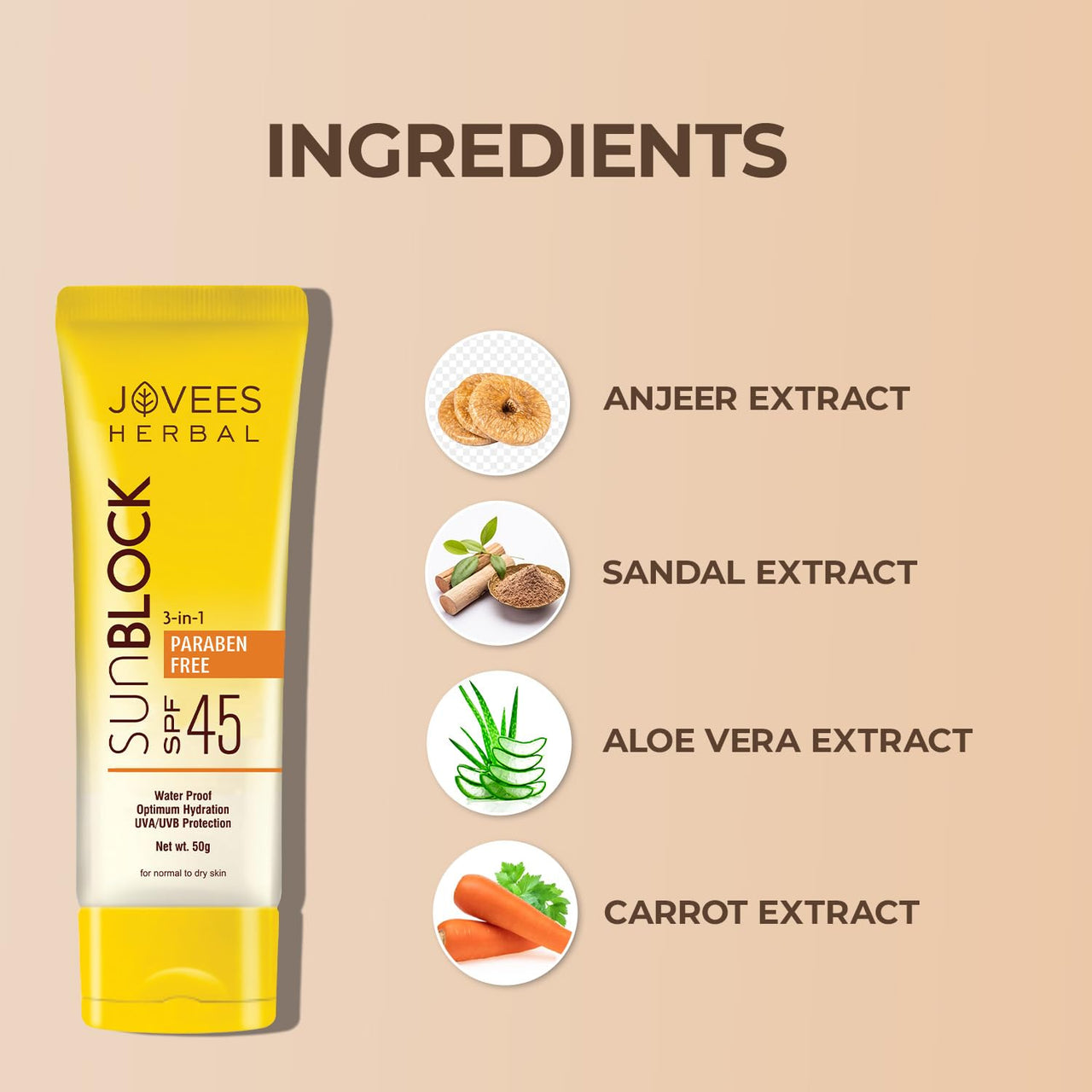 Jovees Herbal Sun Block SPF 45 For Even Toned & Glowing Skin | Suitable For Dry Skin | Sunscreen for UVA/UVB & Blue Light Protection | Lightweight & Non Grassy for Men & Women 100g (Pack of 2)