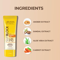 Jovees Herbal Sun Block SPF 45 For Even Toned & Glowing Skin | Suitable For Dry Skin | Sunscreen for UVA/UVB & Blue Light Protection | Lightweight & Non Grassy for Men & Women 100g (Pack of 2)
