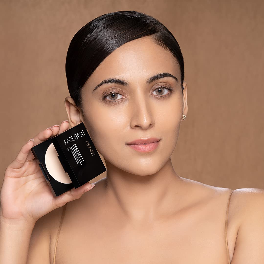 RENEE Face Base Compact Powder Cashew Beige 9gm, Enriched With Hyaluronic Acid & Vitamin E, Long - Lasting, Easy Blend, Matte Finish, for All Skin Types