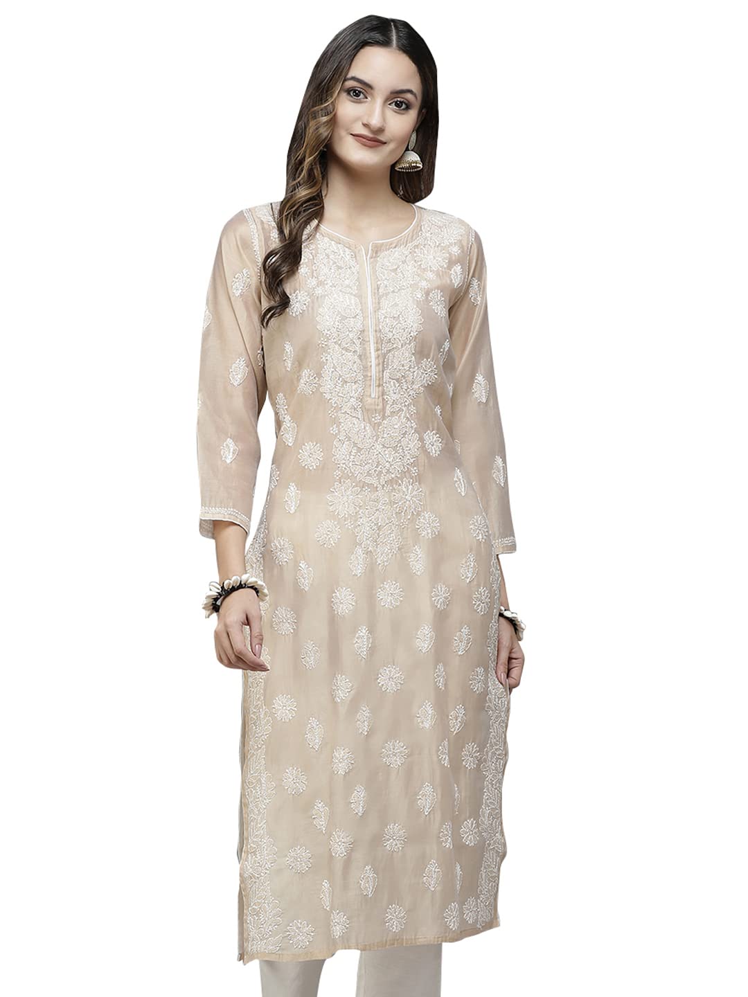 Ada Hand Embroidered New Lucknowi Chikankari Chanderi Kurta Kurti for Women A411175