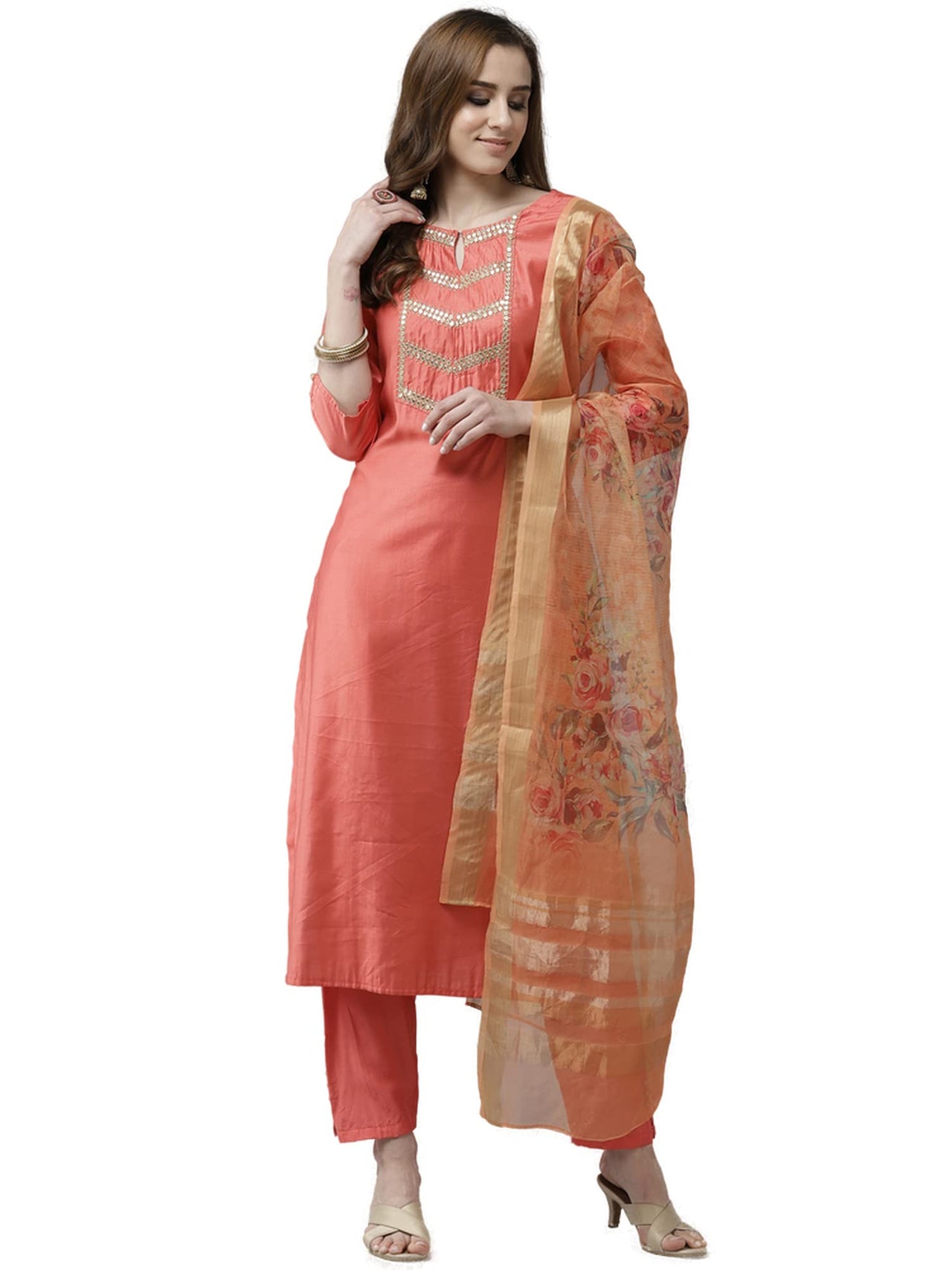 INDO ERA Women's  Cream Solid Viscose Straight Kurta Trouser With Dupatta Set