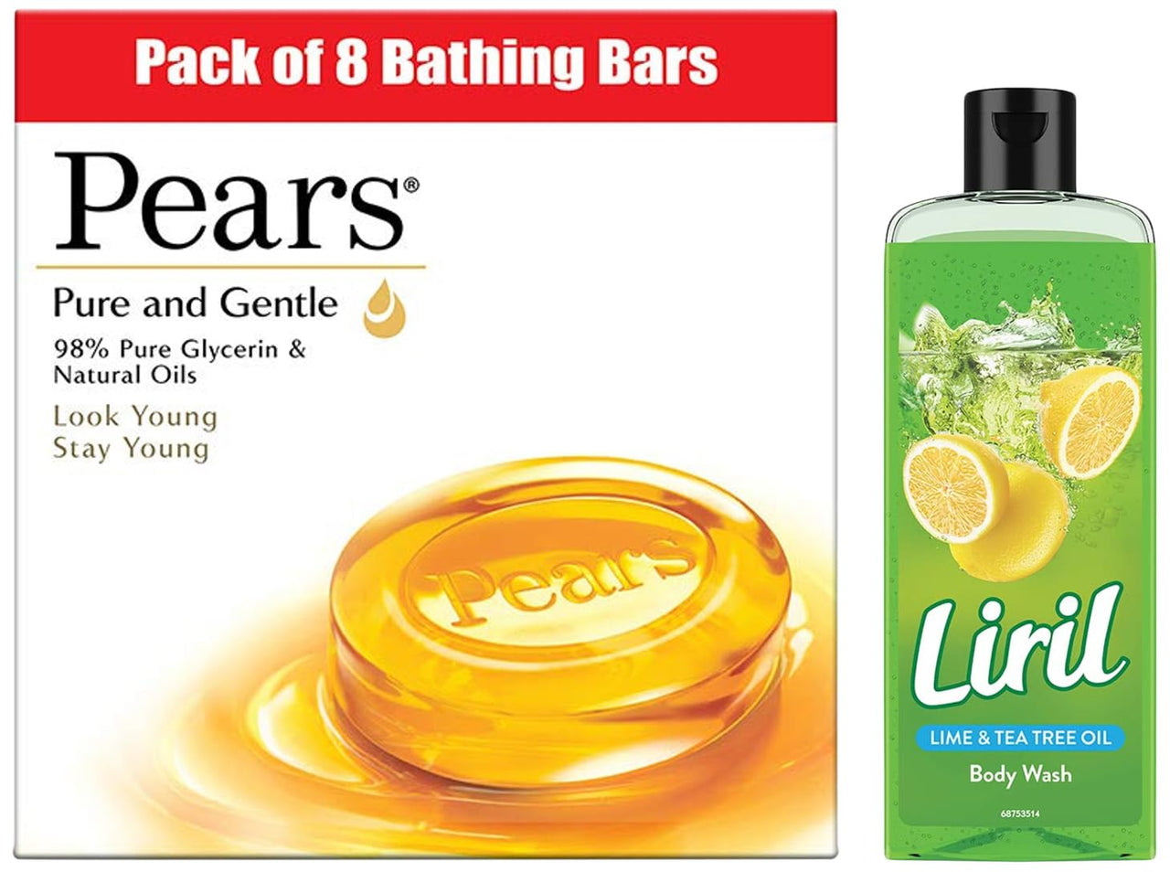 Pears Pure And Gentle Bathing Bar, 125g (Pack Of 8) & Liril Lemon and Tea Tree Oil Body Wash, 250 ml