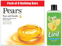 Pears Pure And Gentle Bathing Bar, 125g (Pack Of 8) & Liril Lemon and Tea Tree Oil Body Wash, 250 ml