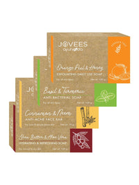 Jovees Herbal Orange Peel & Honey Soap 100 g, Basil Turmeric Anti Bacterial 100 g, Cinnamon & Neem Anti Acne Face Bar 75 g, Shea Butter & Aloe Vera Hydrating 100 g Soap Combo 4