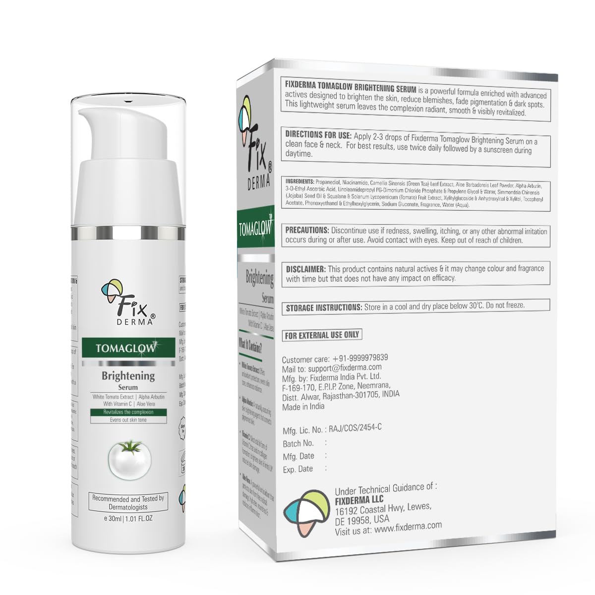 Fixderma TomaGlow Skin Brightening Serum for Face with 4% Niacinamide, 2% Alpha Arbutin, Vitamin C & White Tomato Extract | Reduce Pigmentation & Dark Spots | Brightens the Skin | For Men & Women - 30ML