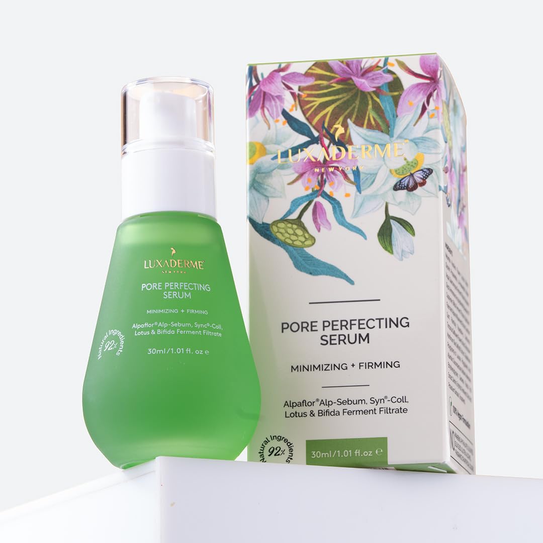 LuxaDerme Pore Perfecting Face Serum - Minimizes Pores, Controls Oil & Sebum, Firms Skin | 96% Natural Ingredients with Lotus water, Alpaflor® Alp-Sebum, Syn®-Coll, Galactomyces | Korean Skincare - 30ml