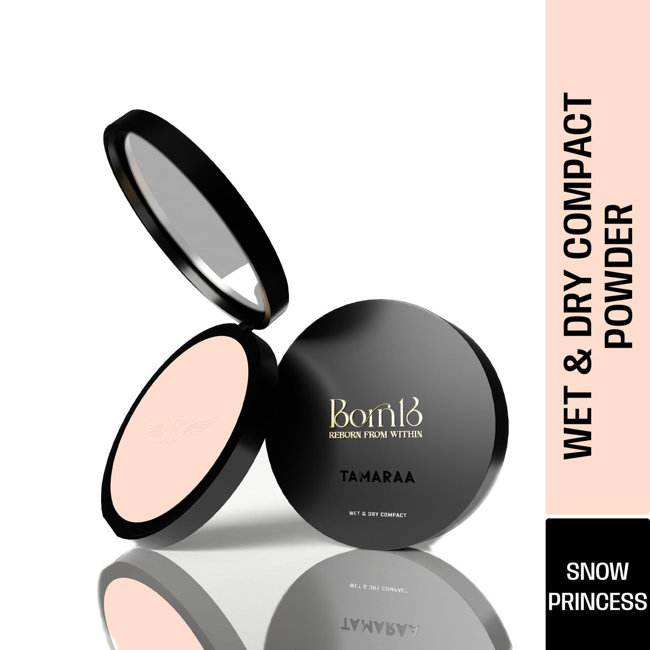 Born16 Tamaraa Wet & Dry Compact Powder – Snow Princess | Dual Wet-Creamy & Dry-Matte Finish | High Coverage, Waterproof, Smudge-Proof, Vegan | 24-Hour Stay, 6g